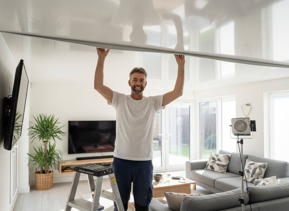 Frank Simmersbach bei der Montage einer Spanndecke